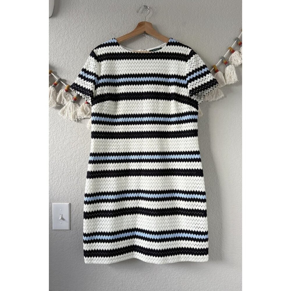Lauren Ralph Lauren Crochet Stripe Knit Lined Woven Knee Length Dress Coastal 16